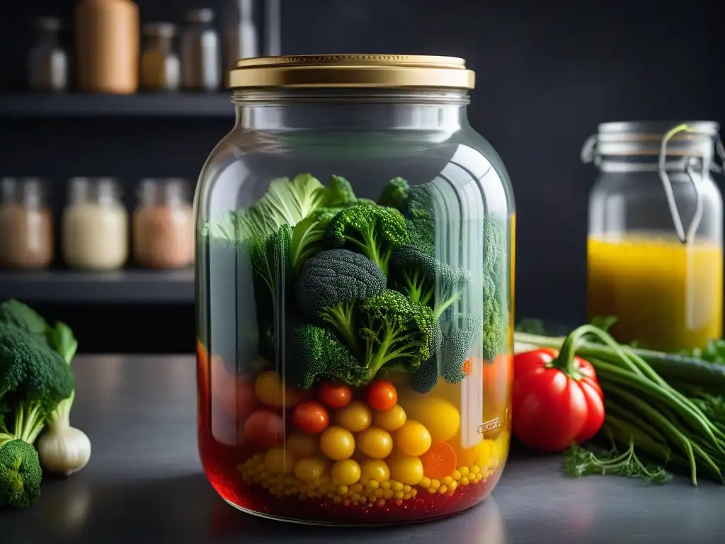 Vegetales fermentados en tarro de vidrio, burbujeante y colorido