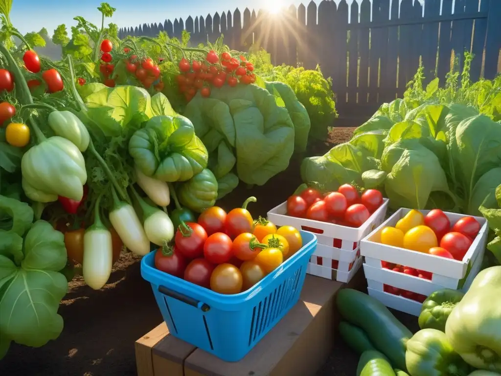 Un jardín de vegetales vibrante y abundante bajo la luz dorada del sol, con vegetales frescos y coloridos