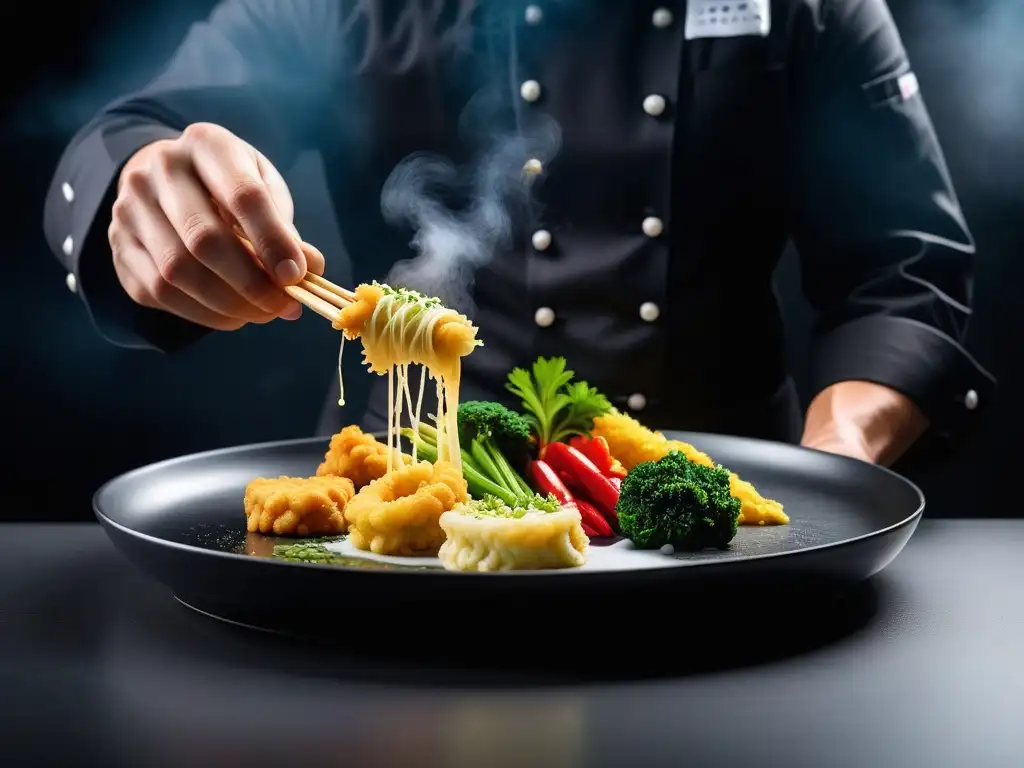 Chef sumerge verduras coloridas en masa tempura, destacando la técnica precisa y artística en la creación de tempura vegano