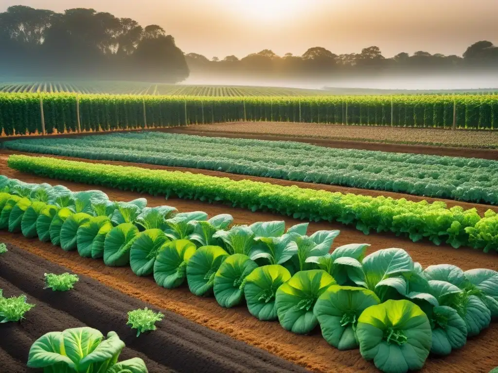 Un jardín de verduras vibrante y detallado bajo el sol, con vegetales coloridos en filas