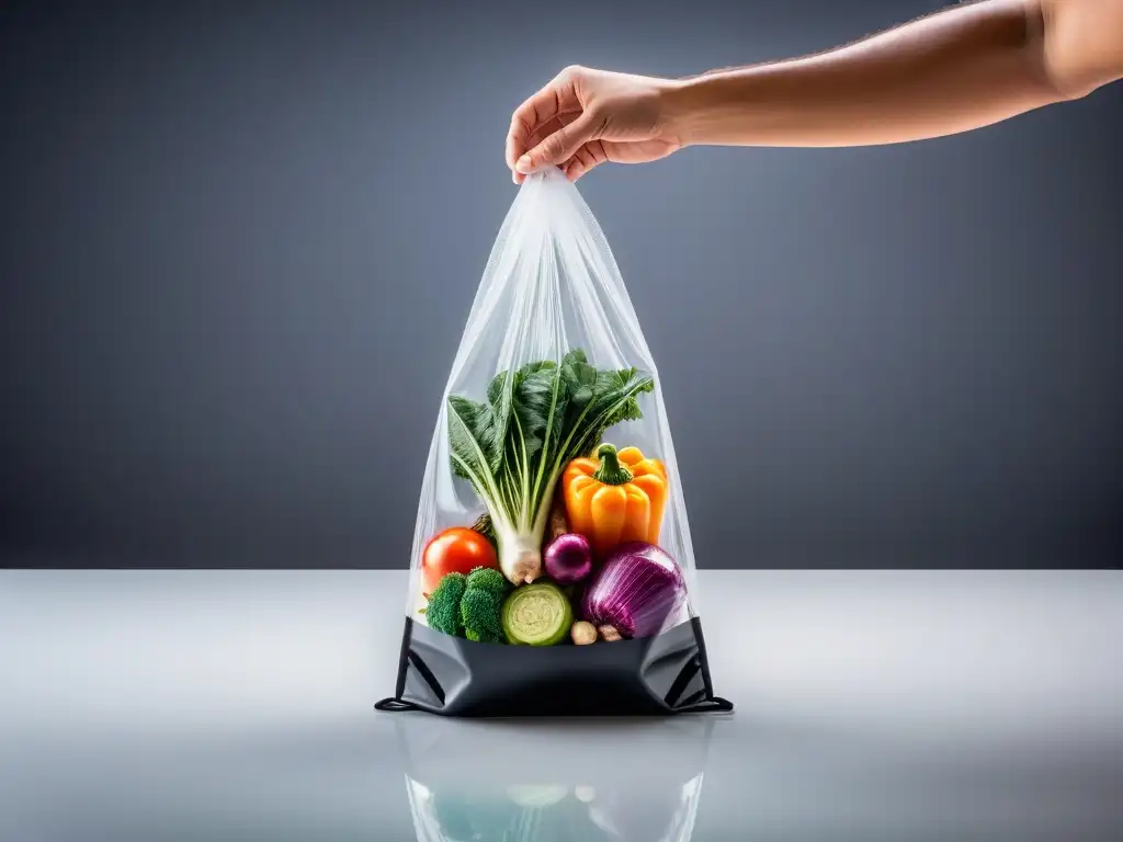 Verduras vibrantes y coloridas envasadas al vacío en bolsa sous vide, reflejando la cocina vegana sous vide recetas