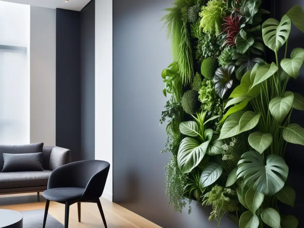 Un jardín vertical contemporáneo en un apartamento vegano, con plantas exuberantes creciendo en una estructura montada en la pared