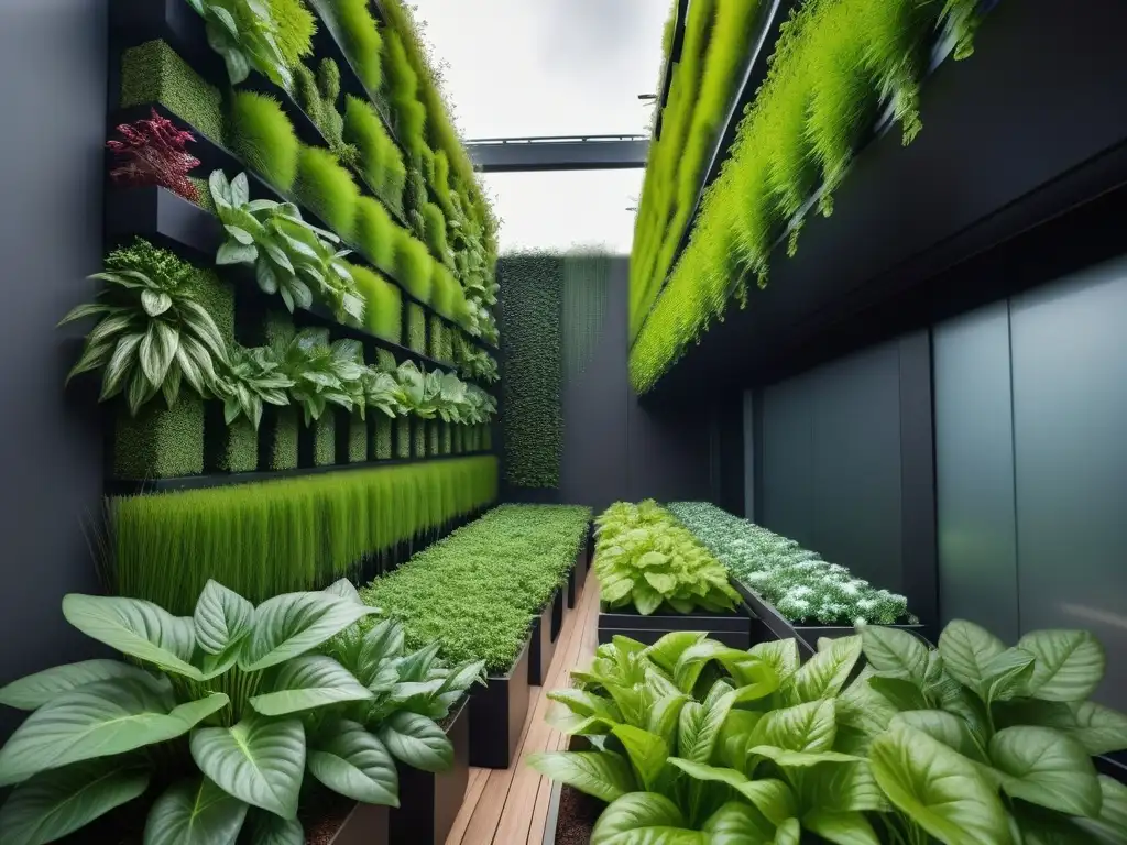 Un jardín vertical exuberante y próspero, simbolizando la armonía entre la dieta vegana y la sostenibilidad urbana