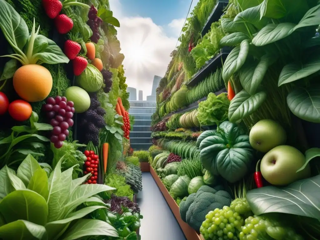 Un jardín vertical exuberante y vibrante, lleno de frutas, verduras y hierbas coloridas, frente a una ciudad futurista