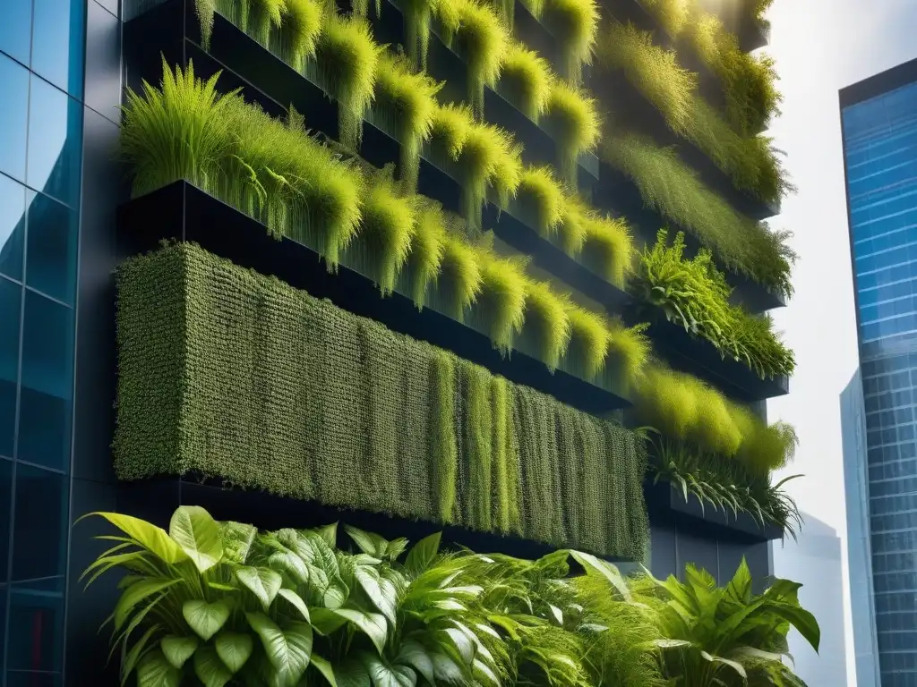 Un jardín vertical exuberante y vibrante en un rascacielos, reflejo de una dieta basada en plantas sostenible en entorno urbano