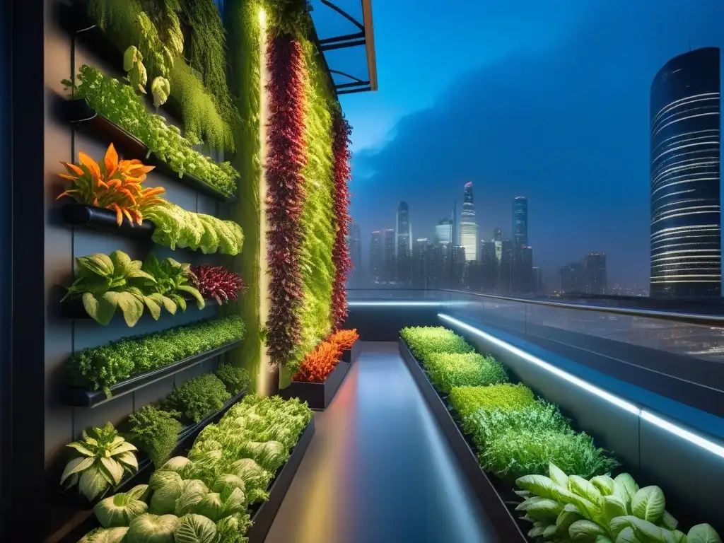 Un jardín vertical futurista con tecnologías para cultivo vegano urbano, lleno de frutas y verduras vibrantes y prósperas en la ciudad