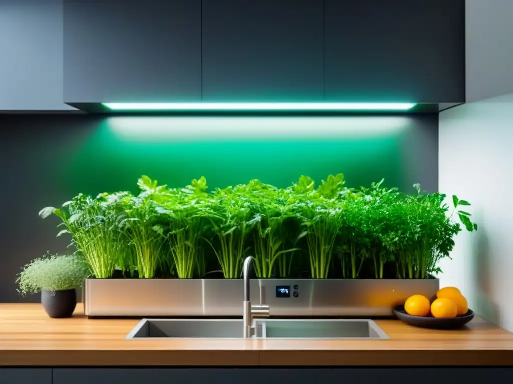 Jardín vertical tecnológico en cocina sostenible con hierbas y verduras bajo luces LED