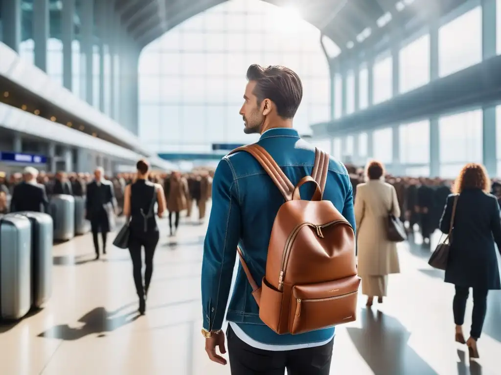 Un viajero elegante y sostenible en un aeropuerto moderno, destacando moda vegana y valores éticos mientras navega con confianza entre la multitud