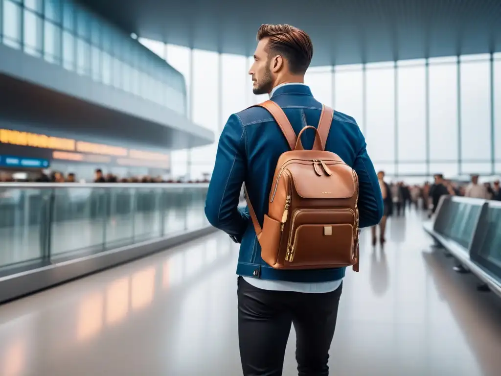 Un viajero con estilo en un bullicioso aeropuerto, llevando una mochila de moda vegana, en un ambiente cosmopolita y moderno