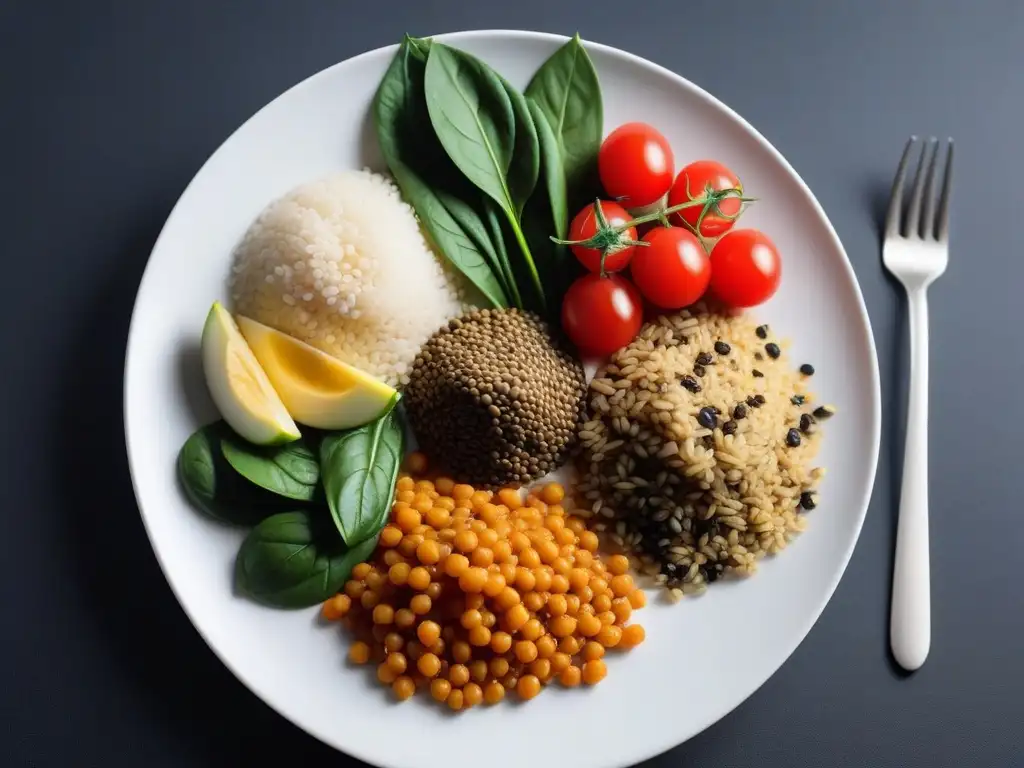 Vibrante combinación de alimentos para absorción de hierro en un plato blanco sobre fondo oscuro texturizado