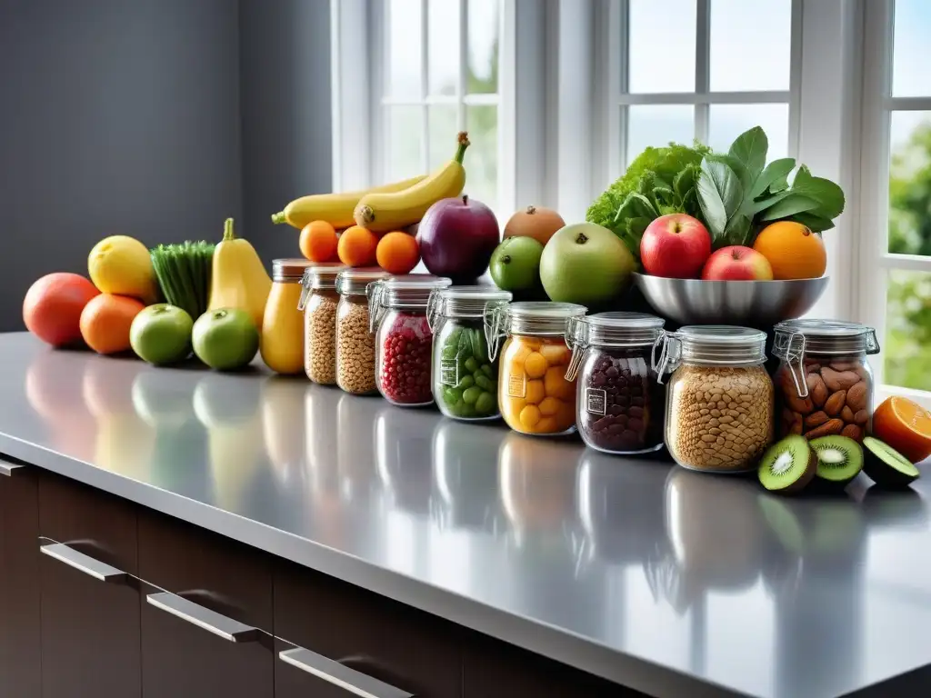 Una vibrante ilustración de alimentos frescos y coloridos en una cocina moderna