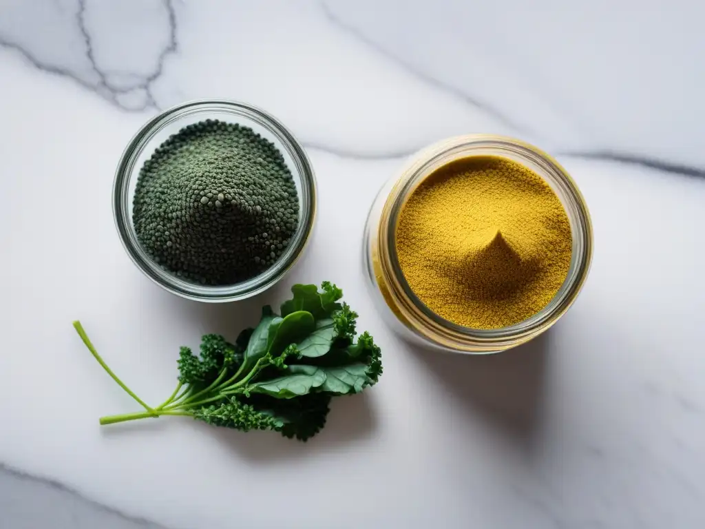 Vibrante comparación de alimentos veganos: levadura nutricional, chía, espirulina y kale sobre mármol blanco