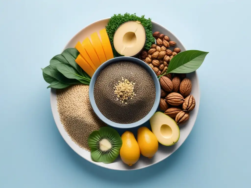 Composición vibrante de alimentos veganos ricos en Omega 3 como semillas de chía, lino, nueces y vegetales, ideal para combatir síntomas