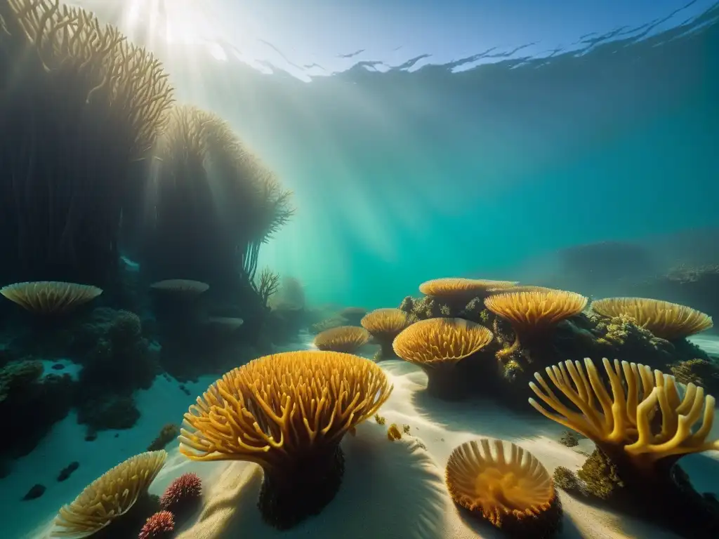 Un vibrante bosque de algas submarino muestra la belleza marina con beneficios cocina vegana con algas