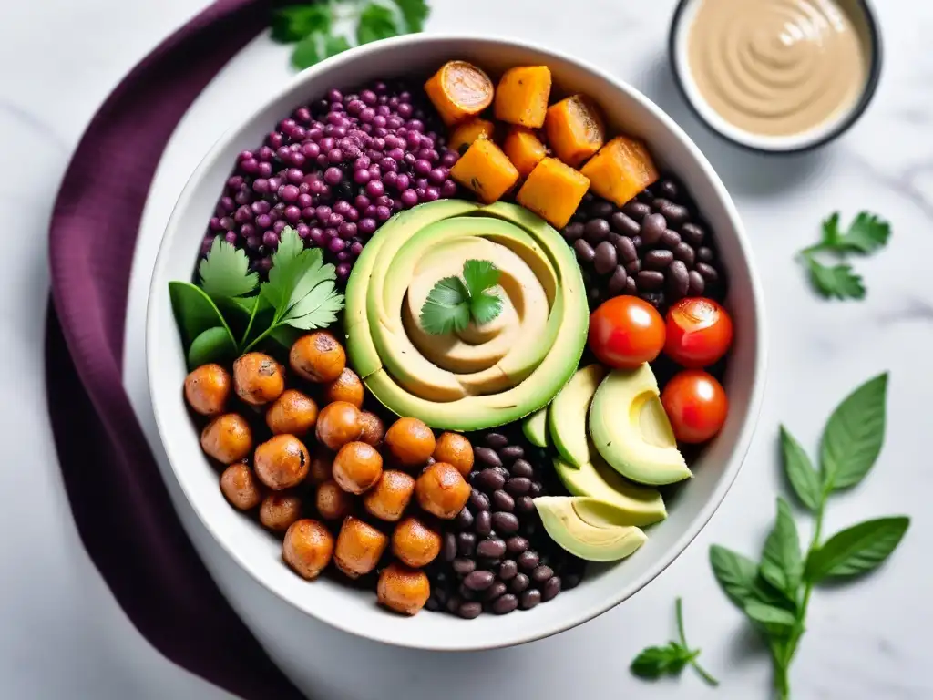 Un vibrante bowl vegano con base en legumbres, repleto de ingredientes deliciosos, sobre una encimera de mármol blanco