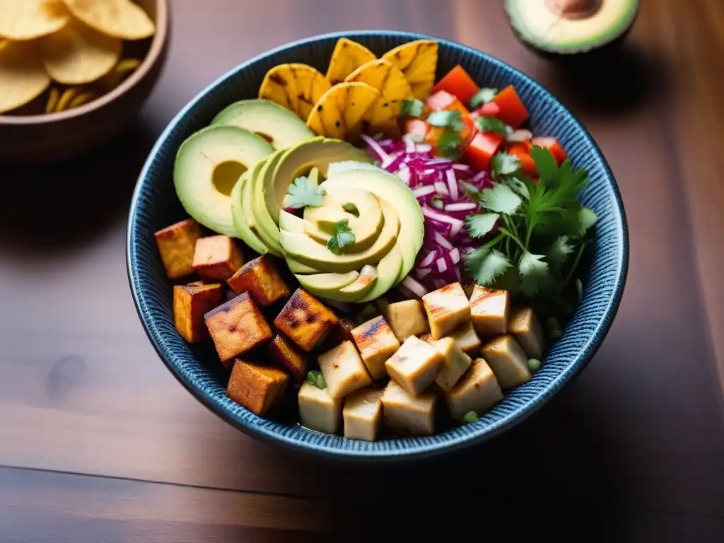 Un vibrante bowl vegano de ceviche inspirado en la cocina vegana en Perú, con vegetales, tofu, aguacate y chips de plátano