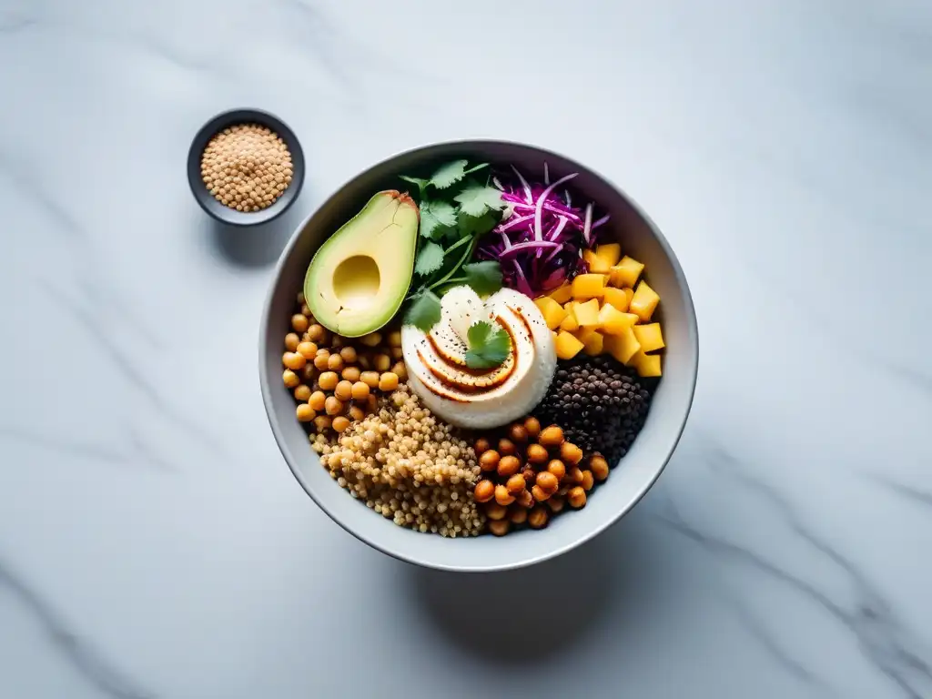 Un vibrante bowl vegano con fuentes de proteína completa como quinoa, garbanzos, tofu y aguacate, sobre fondo moderno