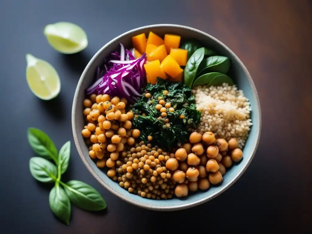 Un vibrante bowl vegano lleno de alimentos ricos en hierro como espinacas, lentejas, quinoa y garbanzos, con vegetales asados y hierbas frescas