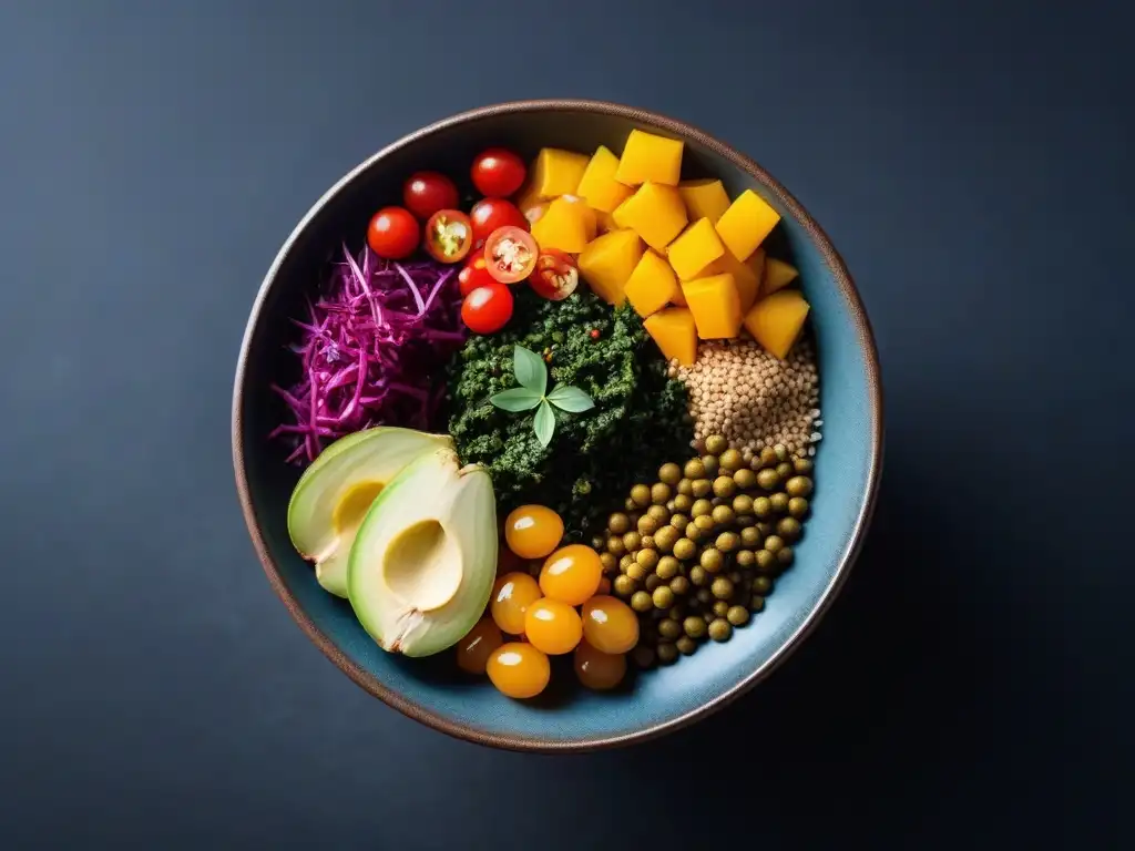 Un vibrante bowl vegano de superalimentos africanos, con moringa, baobab, teff y verduras coloridas en presentación moderna