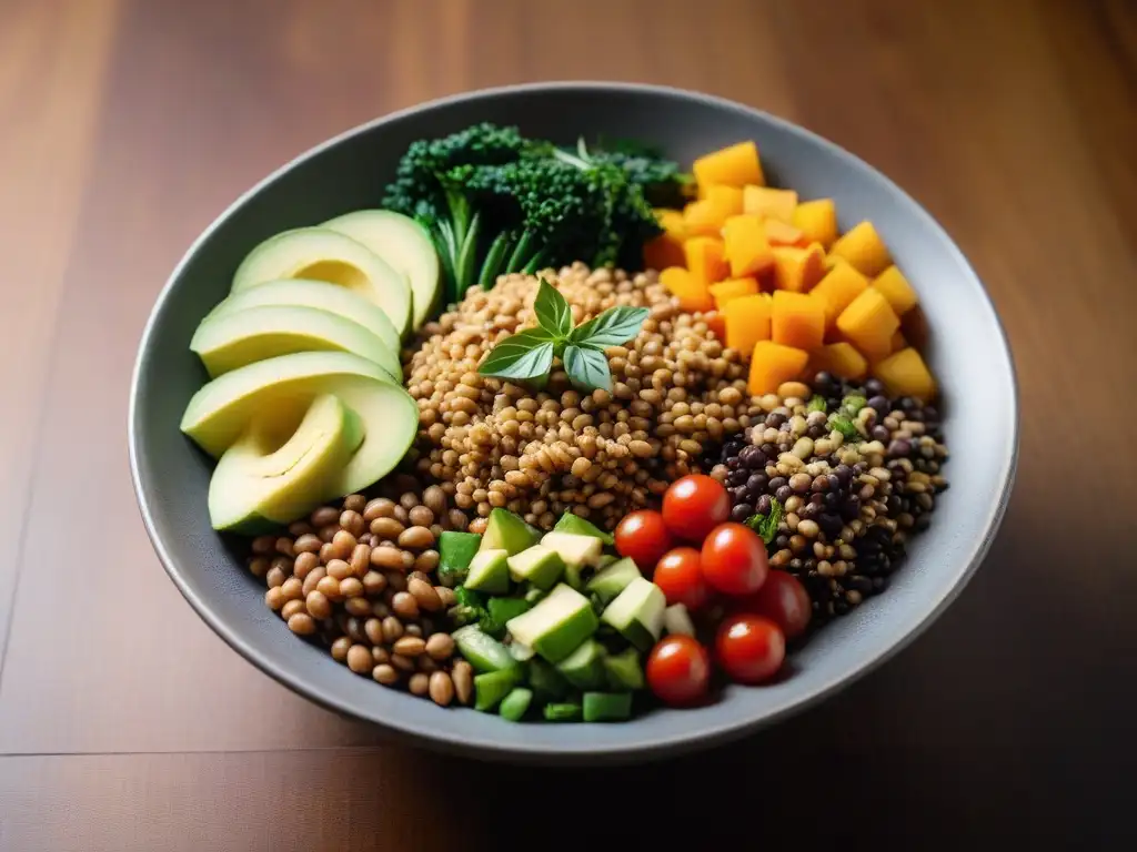 Un vibrante bowl vegano con vegetales frescos y granos en una mesa de madera