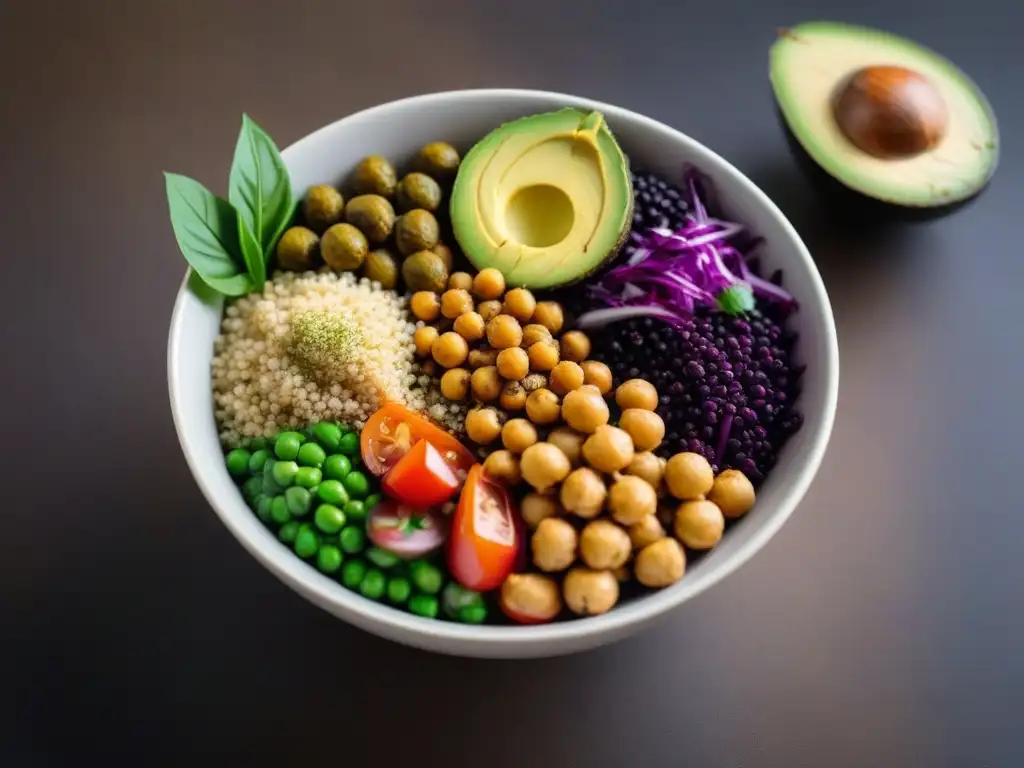 Un vibrante bowl vegano con quinoa, vegetales asados, aguacate, garbanzos y levadura nutricional beneficios veganos