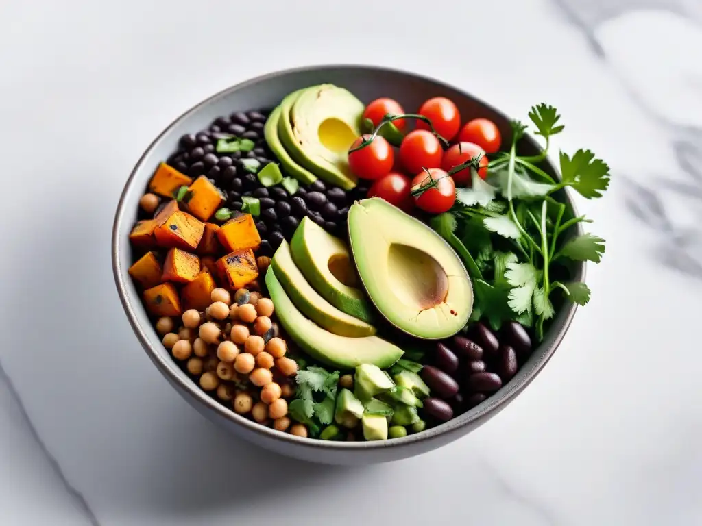 Un vibrante Buddha bowl con legumbres coloridas y aguacate, sobre mármol blanco