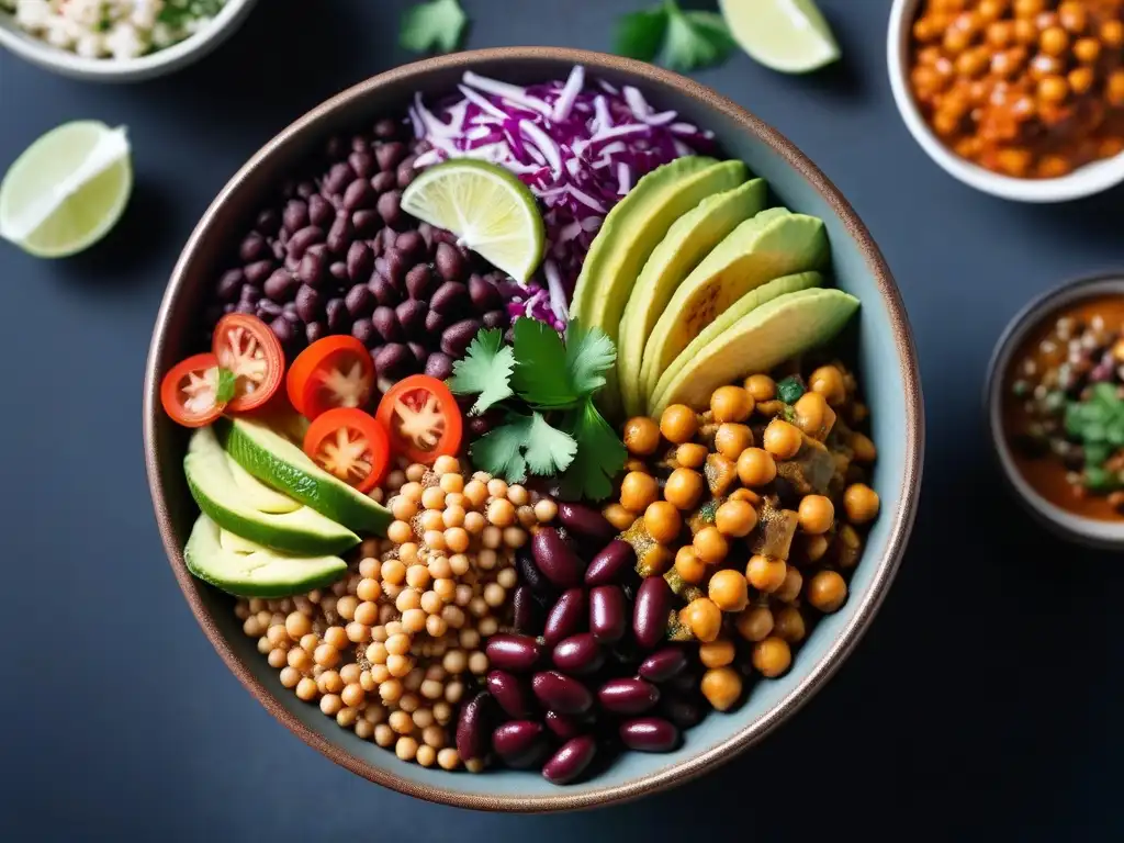 Vibrante Buddha bowl con recetas veganas con legumbres energizantes y coloridas, transmitiendo vitalidad y creatividad culinaria