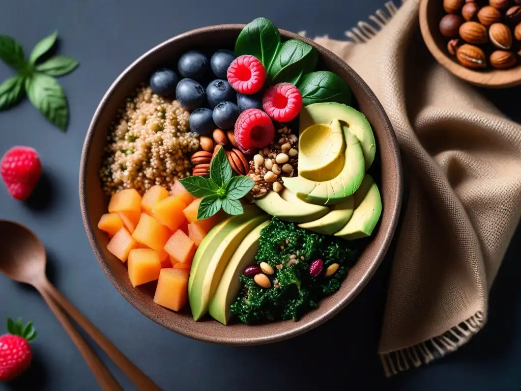 Un vibrante Buddha bowl con superalimentos clave en dieta vegana, en una composición artística y colorida