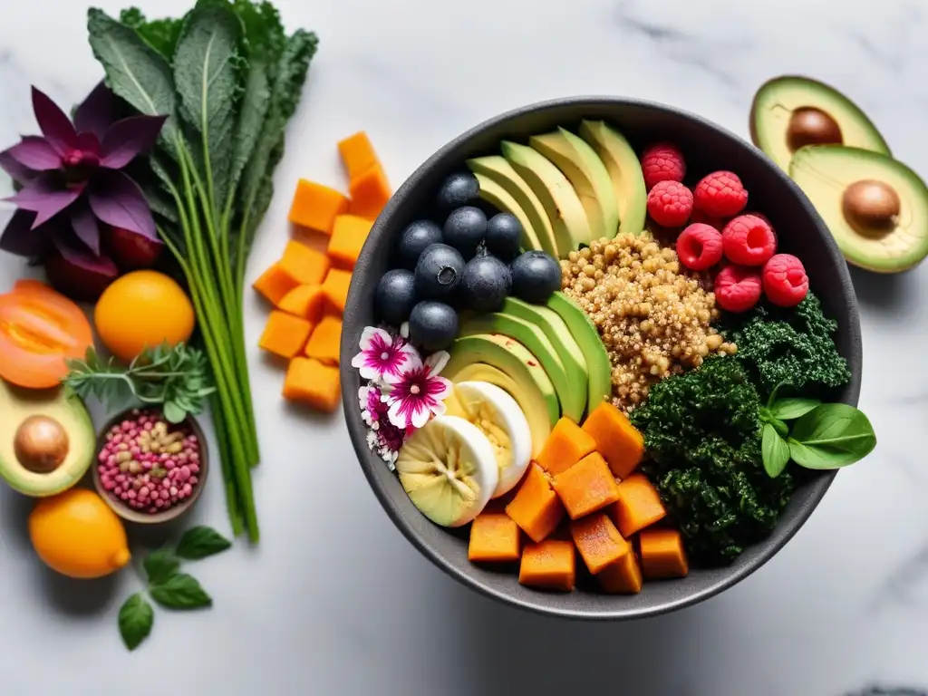 Una vibrante Buddha bowl vegana con superalimentos coloridos y frescos en una encimera de mármol