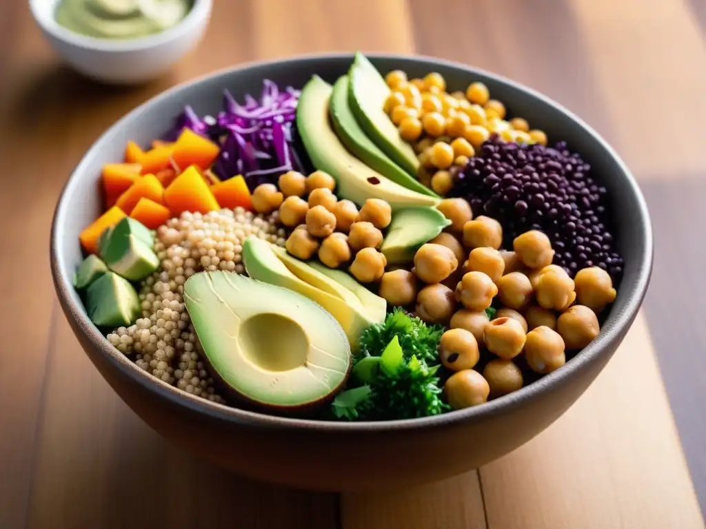 Un vibrante Buddha bowl vegano sin aceite con quinoa, garbanzos y aguacate en mesa de madera