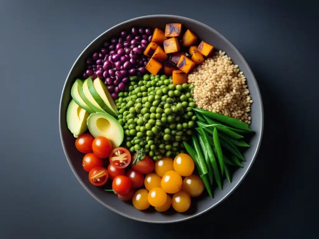 Un vibrante Buddha bowl vegano sin aceite con ingredientes frescos y coloridos, perfecto para recetas veganas sin aceite viaje