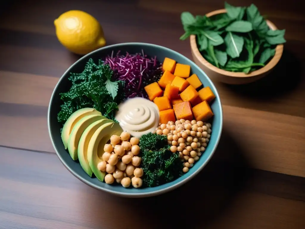 Un vibrante Buddha bowl vegano postentrenamiento para rápida recuperación, lleno de alimentos nutritivos y coloridos