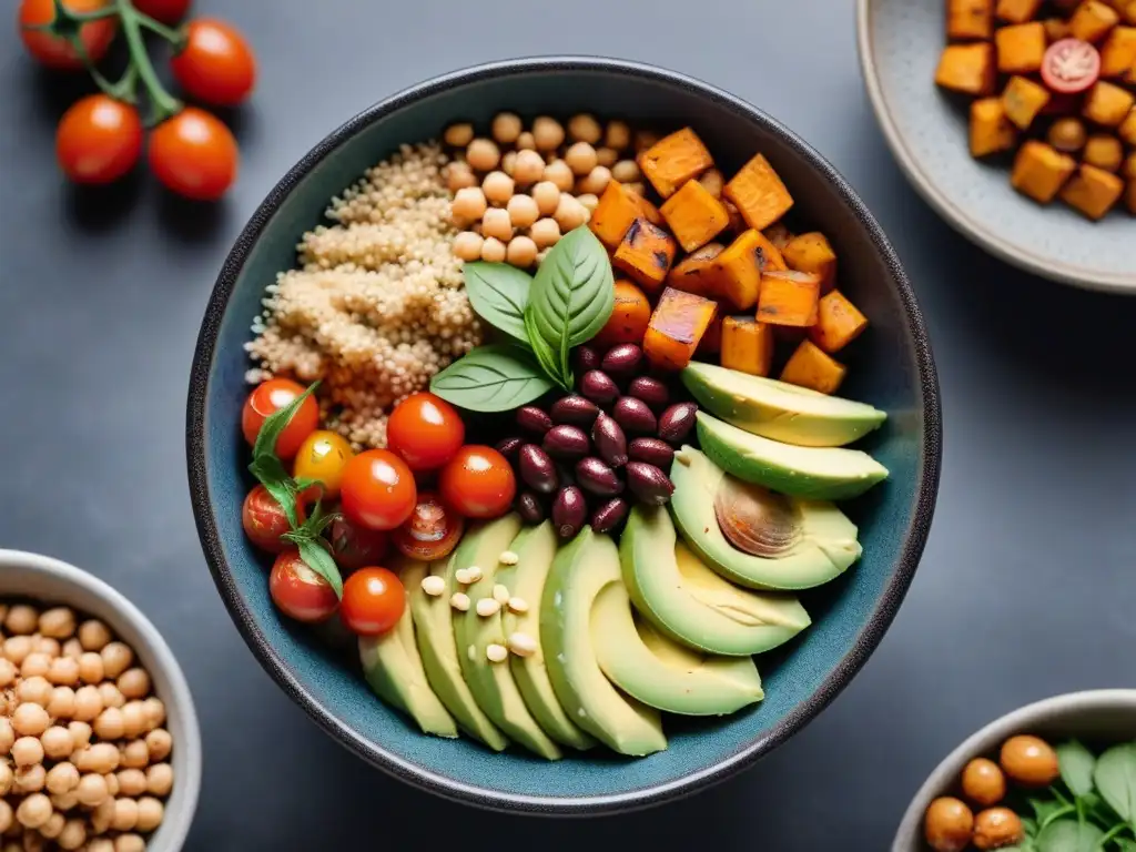 Un vibrante Buddha bowl vegano con ingredientes coloridos y frescos en un elegante recipiente de cerámica sobre una encimera de mármol