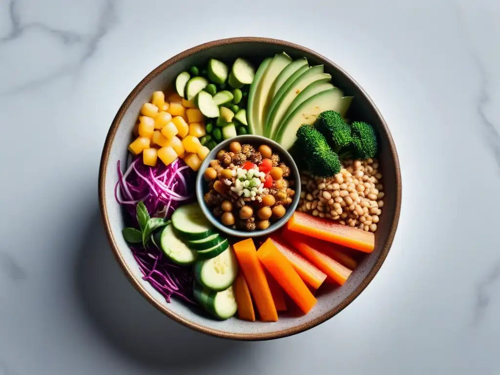 Un vibrante Buddha bowl vegano con vegetales frescos y proteínas vegetales, en un cuenco moderno