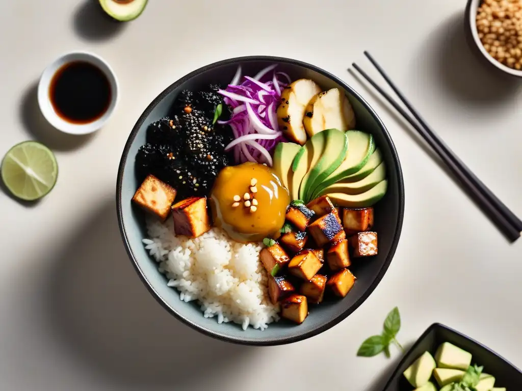 Un vibrante Buddha bowl vegano inspirado en la cocina asiática, con arroz jazmín, tofu, vegetales salteados, aguacate y jengibre encurtido