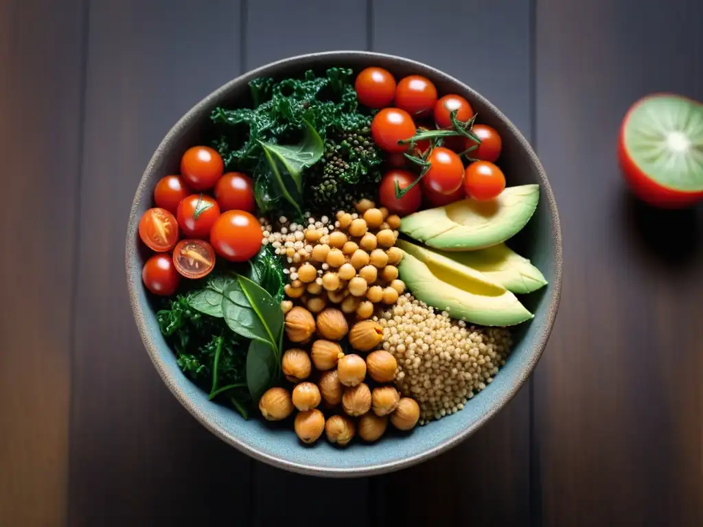 Un vibrante Buddha bowl vegano con proteína de cáñamo, en una presentación apetitosa y saludable