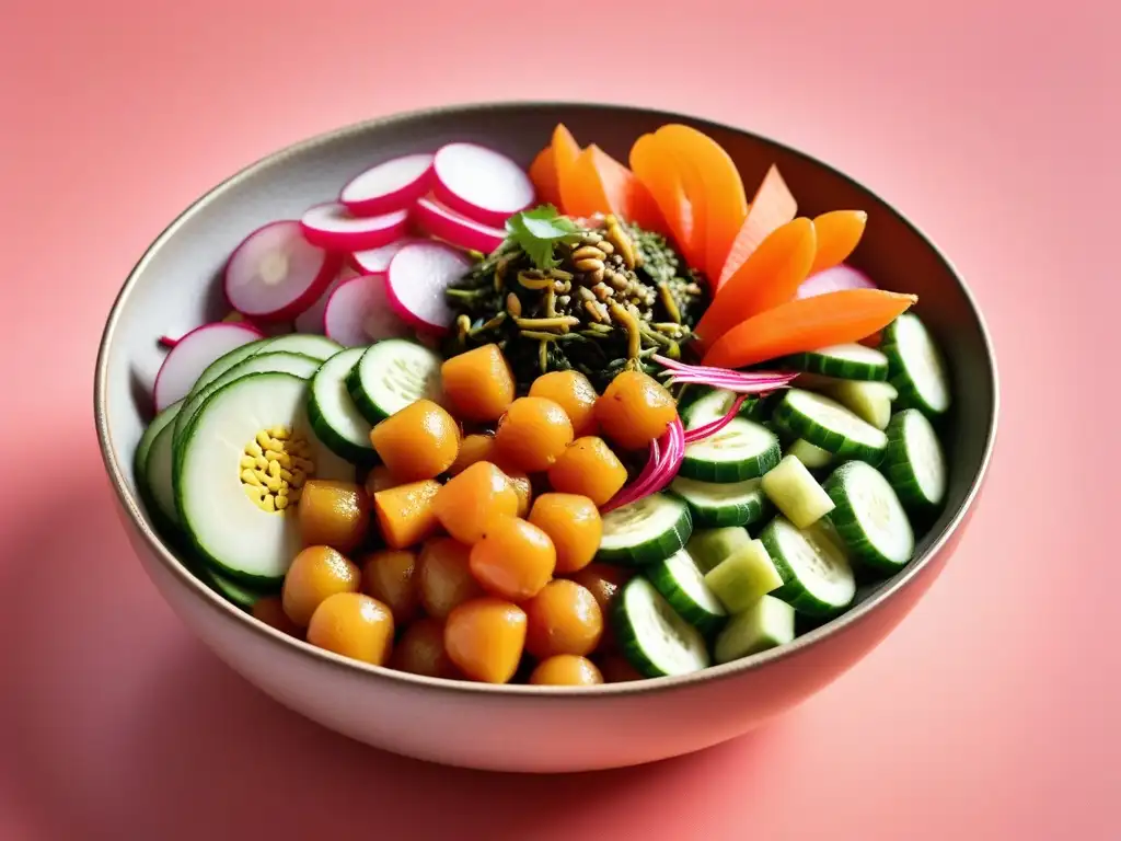 Un vibrante Buddha bowl vegano con pickles caseros ácidos, lleno de color y texturas, sobre un plato moderno