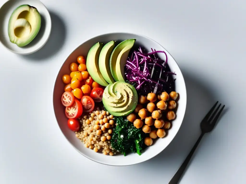 Un vibrante Buddha bowl con verduras, quinoa, aguacate y aderezo de tahini