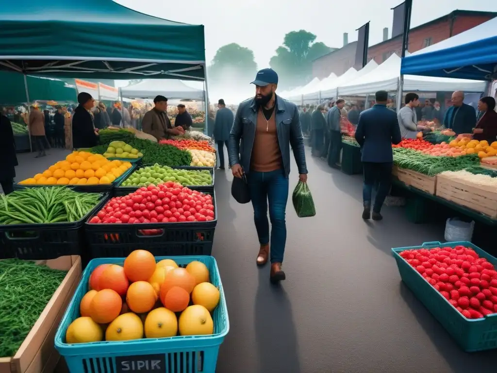 Una ilustración vibrante de un bullicioso mercado de agricultores lleno de puestos coloridos de frutas frescas, verduras y productos a base de plantas