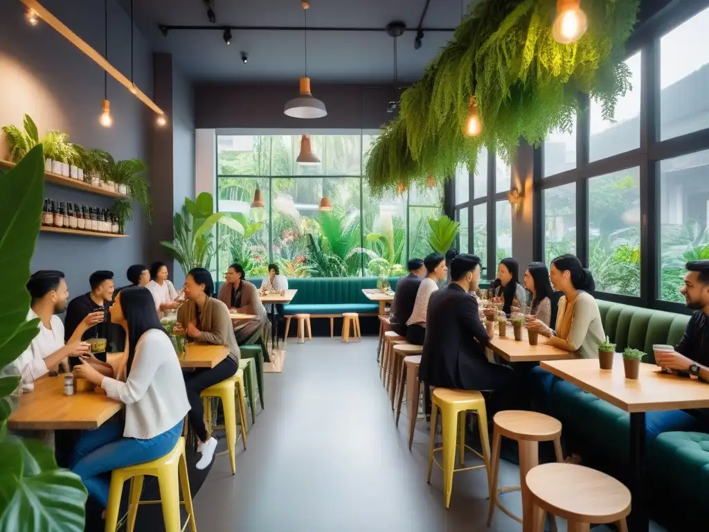 Un vibrante café vegano en Asia, repleto de clientes disfrutando deliciosas bebidas y platos a base de plantas