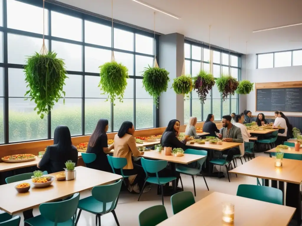 Cafetería escolar vegana: sabores y colores para todos Una vibrante cafetería escolar con platos veganos, alumnos de diversas culturas disfrutando juntos