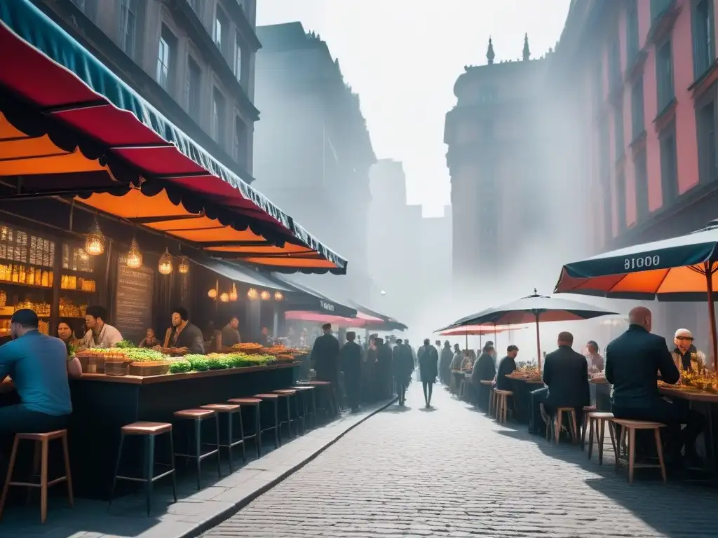 La vibrante calle de una ciudad vegana amigable en turismo gastronomía, con restaurantes coloridos y clientes disfrutando al aire libre