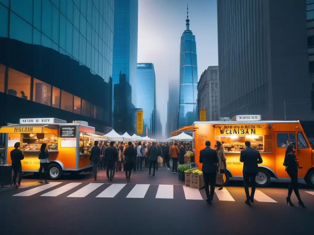 Vibrante calle urbana llena de food trucks veganos y diversa clientela