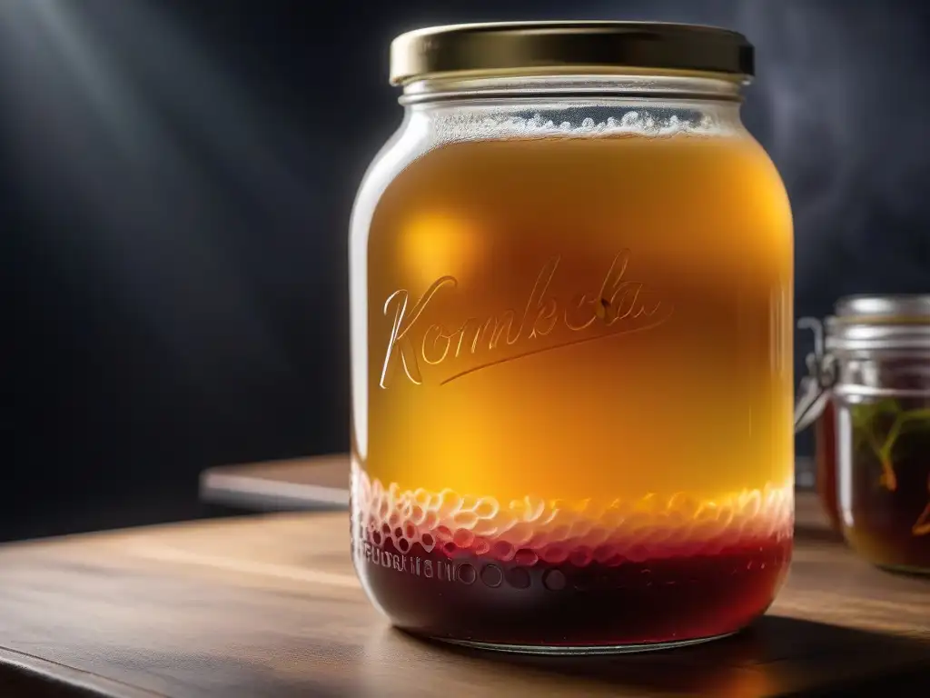 Vibrante fermentación de kombucha casera en frasco, revelando beneficios de la kombucha casera