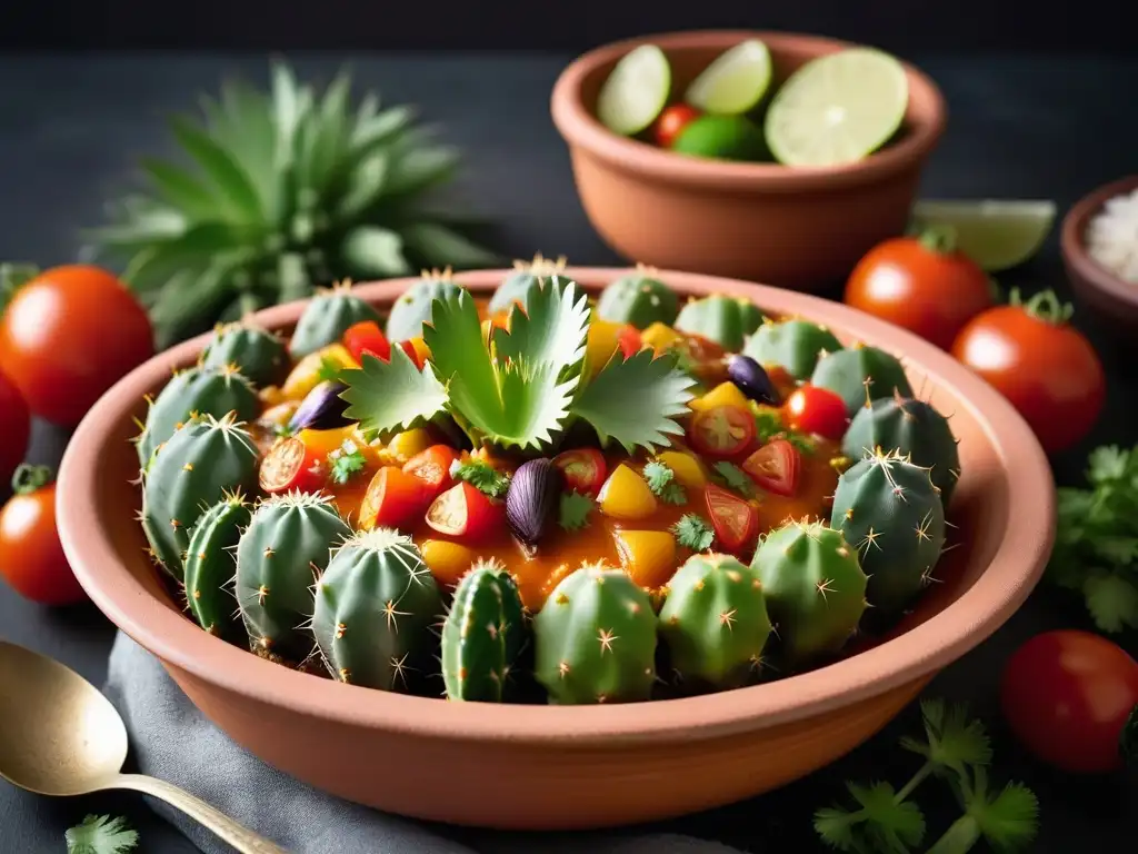 Una vibrante cazuela de cactus vegana, repleta de coloridos ingredientes y aromas, en una cazuela de barro tradicional