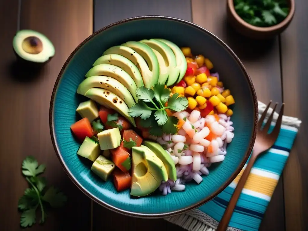 Un vibrante ceviche vegano en Sudamérica con ingredientes frescos y coloridos en una cerámica tradicional