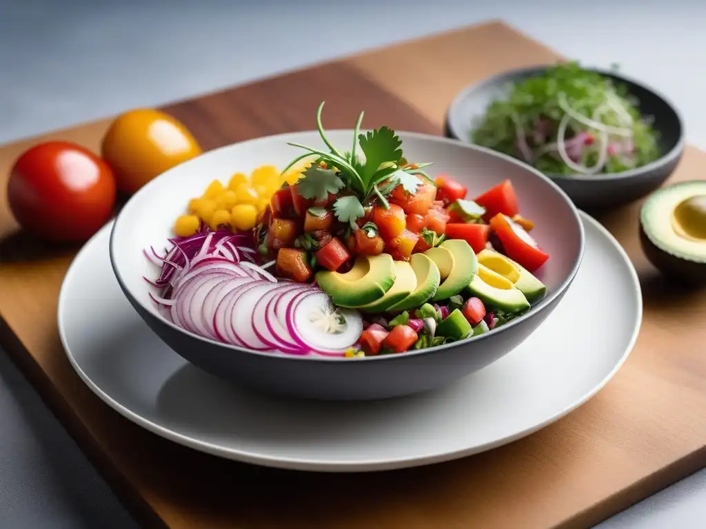 Un vibrante ceviche vegano sin pescado con tomate, aguacate, cebolla, pimiento, pepino y cilantro en un plato blanco moderno