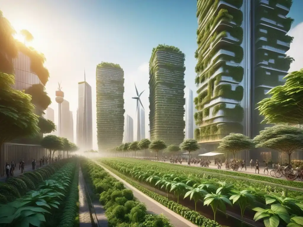 Vibrante ciudad futurista ecofriendly con arquitectura verde y gente en bicicletas y vehículos eléctricos