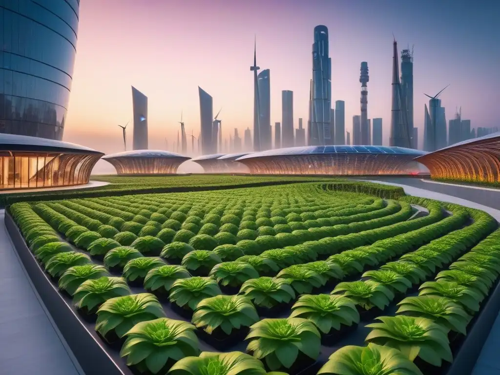 Vibrante ciudad futurista al atardecer con energía renovable y alimentación vegana sostenible