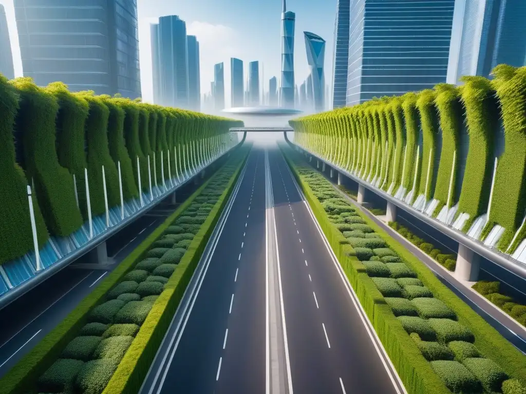 Vibrante ciudad futurista con jardines verticales, paneles solares y vehículos eléctricos en un ambiente sostenible gracias a políticas públicas veganismo futuro sostenible